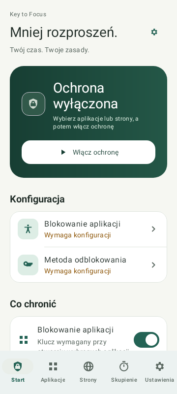 Ekran Start aplikacji Key to Focus ze stanem ochrony